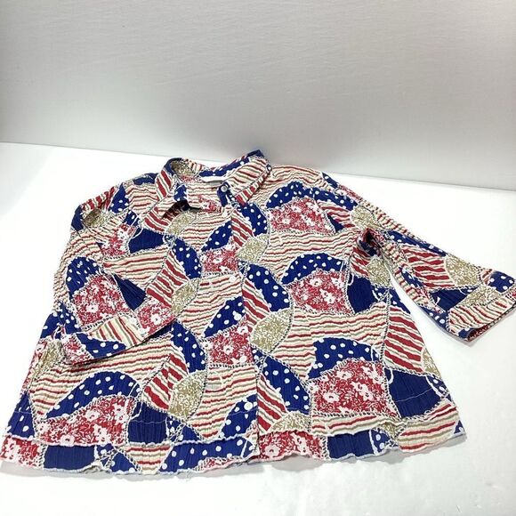 CJ Banks Colorful Patterned Blouse Crinkled Button Front Collar 1X Mid Sleeve - Picture 9 of 14